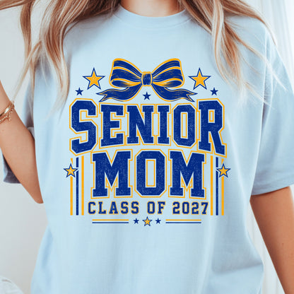 Senior Mom 2027 Royal Blue Yellow Cheer Bow T-Shirt, Varsity Graduation Mother Tee
