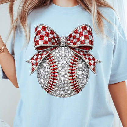 Coquette Baseball Sparkle T-Shirt, Red Checkered Bow Sports Mom Girl Tee