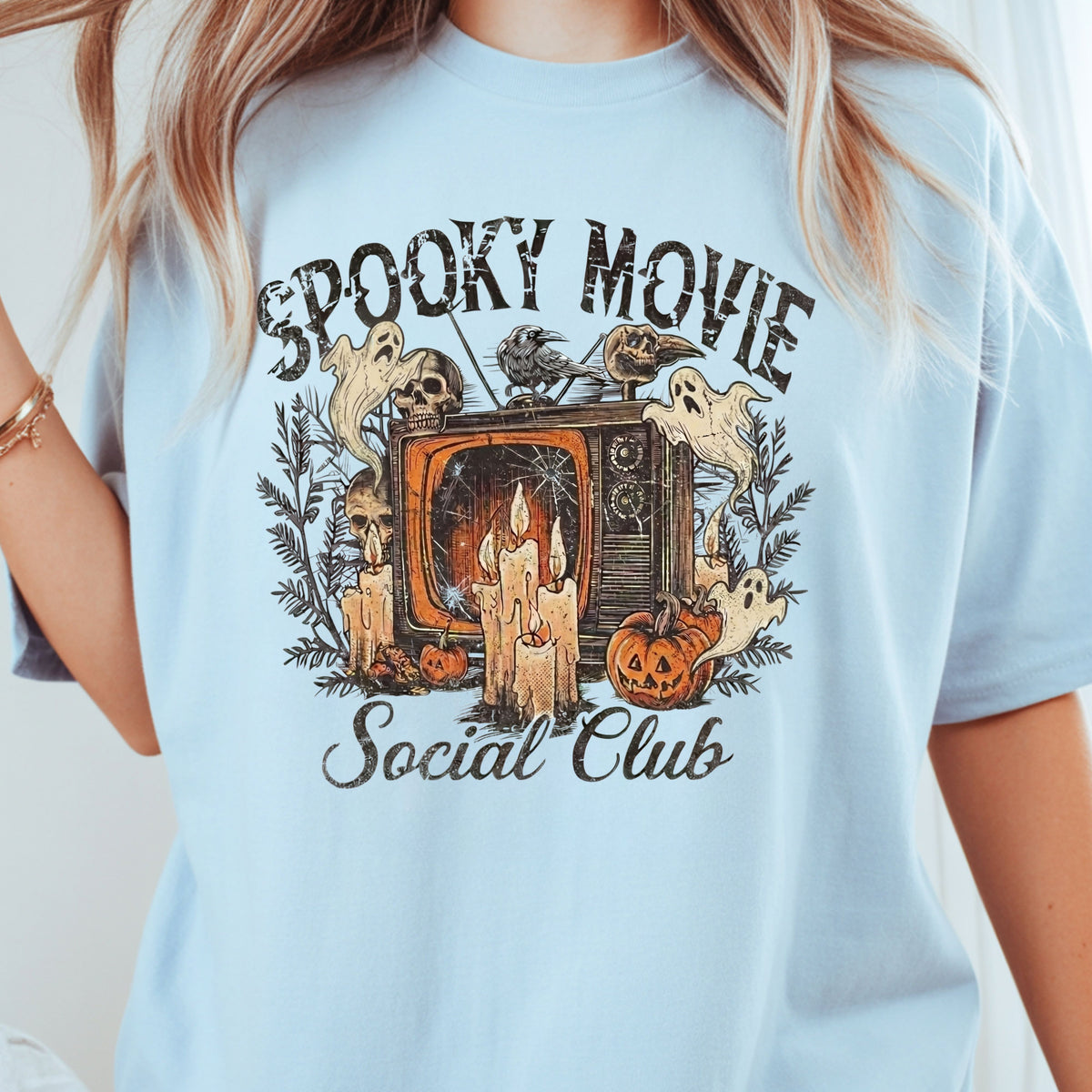Spooky Movie Social Club Vintage Horror T-Shirt, Ghosts Pumpkin Candles Halloween Tee