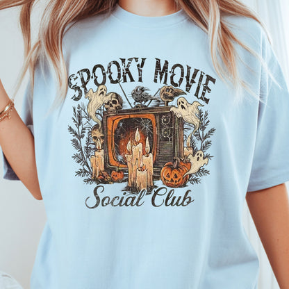 Spooky Movie Social Club Vintage Horror T-Shirt, Ghosts Pumpkin Candles Halloween Tee