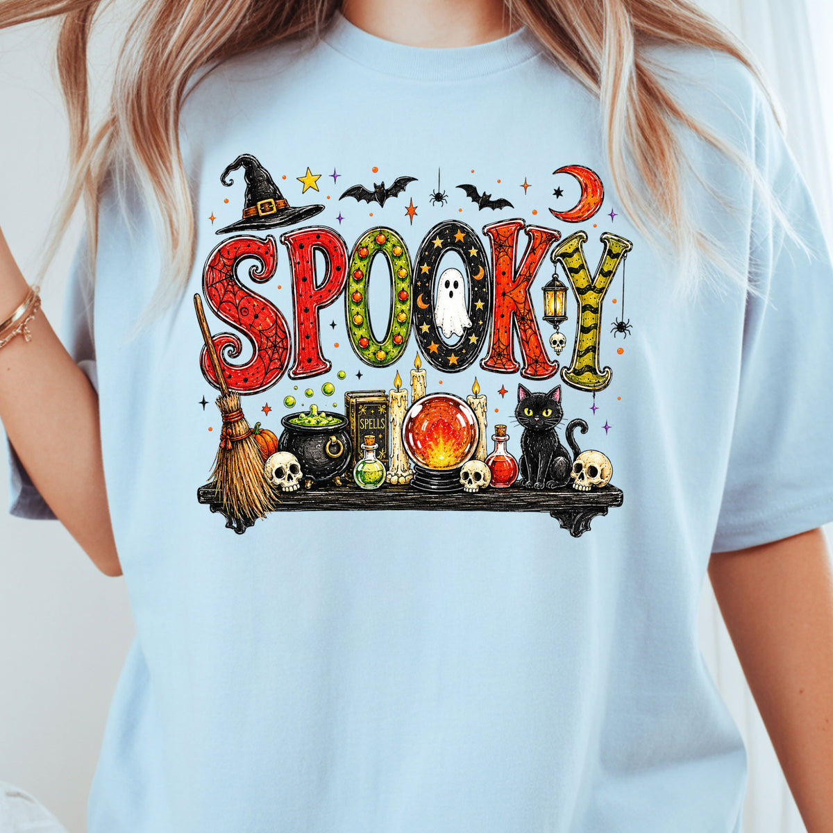 Halloween Witch Shelf Black Cat T-Shirt, Crystal Ball Cauldron Potion Skull Spooky Tee