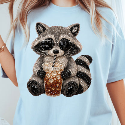 Cool Raccoon Iced Coffee T-Shirt, Sunglasses Trash Panda Rhinestone Tee Sweatshirt
