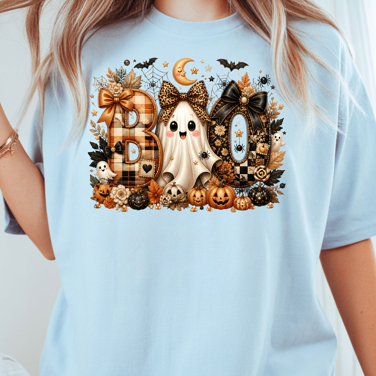 Halloween Boo Ghost T-Shirt, Cute Bows Orange Plaid Leopard Spooky Season Comfort Color Tee