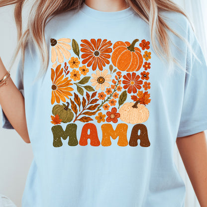 Mama Fall Floral Pumpkins T-Shirt, Retro Groovy Autumn Flowers Thanksgiving Comfort Color Tee