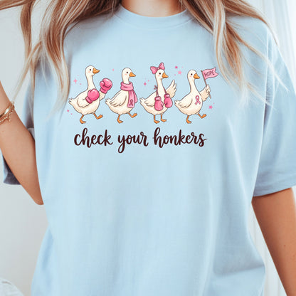 Check Your Honkers Ducks Breast Cancer Awareness T-Shirt, Pink Ribbon Boxing Gloves Geese Tee
