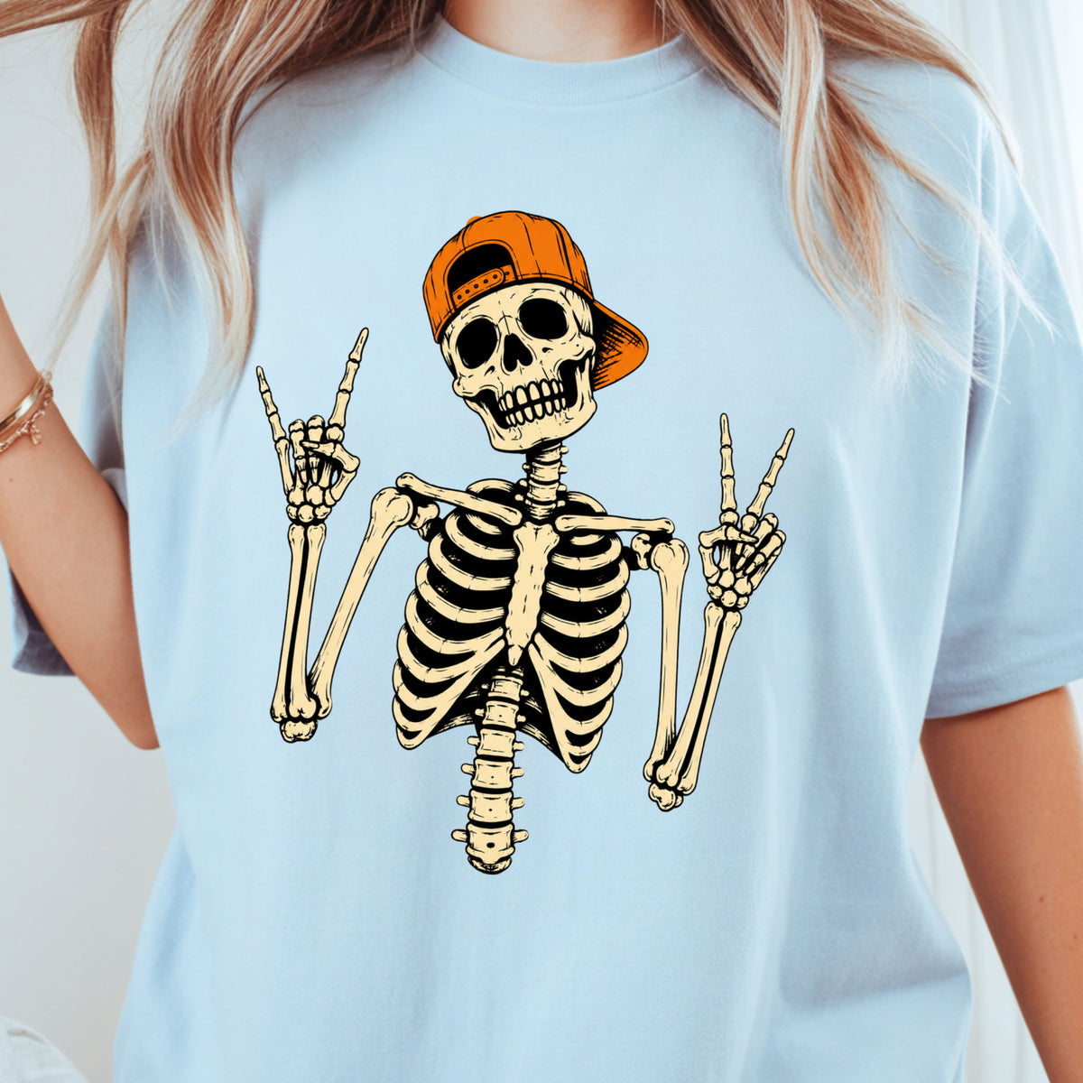 Cool Skeleton Rock On T-Shirt, Peace Sign Halloween Orange Hat Spooky Tee