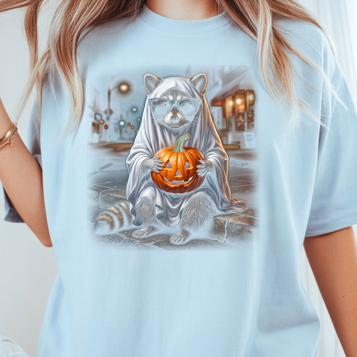 Halloween Ghost Raccoon T-Shirt, Pumpkin Trash Panda Spooky Vintage Tee