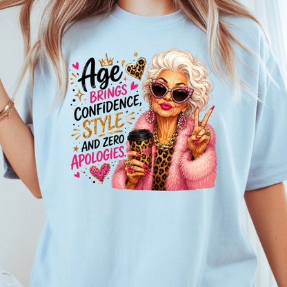 Age Brings Confidence Senior Woman T-Shirt, Fabulous Glam Leopard Coffee Comfort Color Tee