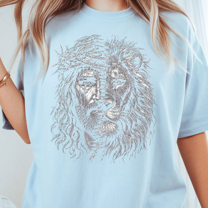 Lion and Jesus Christian Faith T-Shirt, Lion of Judah Crown of Thorns Sketch Tee