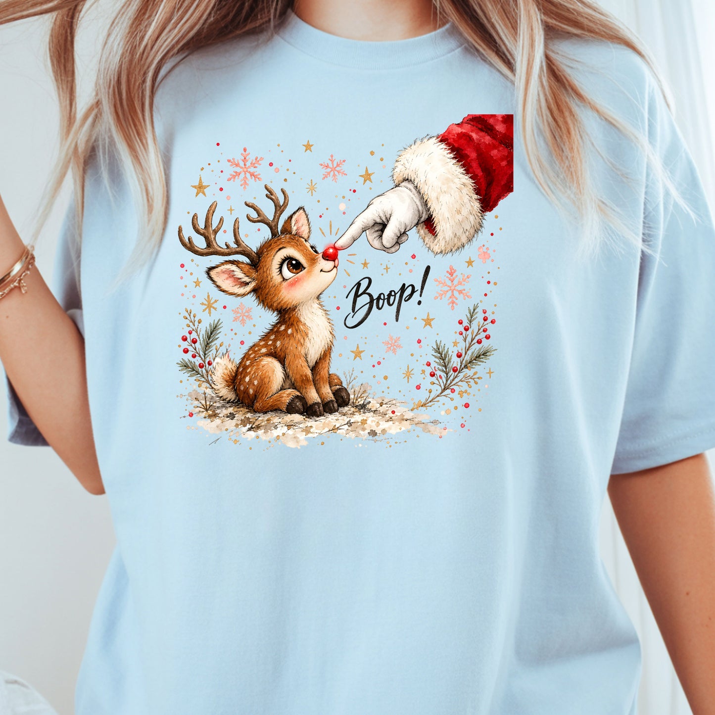 Christmas Reindeer Santa Boop Rudolph T-Shirt, Cute Baby Deer Holiday Tee