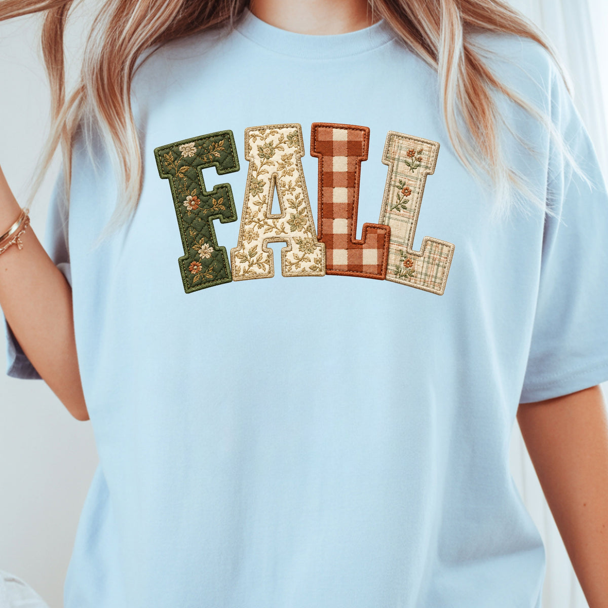 Fall Patchwork Chenille Letters T-Shirt, Quilted Plaid Autumn Thanksgiving Comfort Color Tee