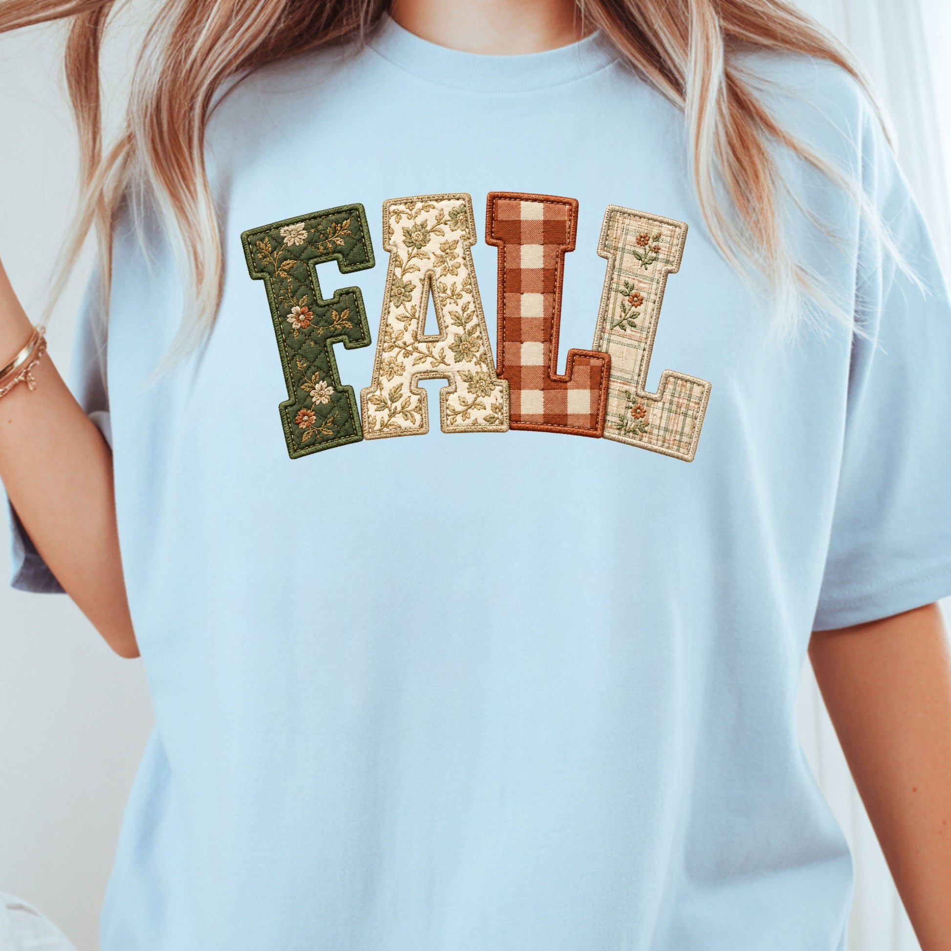 Fall Patchwork Chenille Letters T-Shirt, Quilted Plaid Autumn Thanksgiving Comfort Color Tee