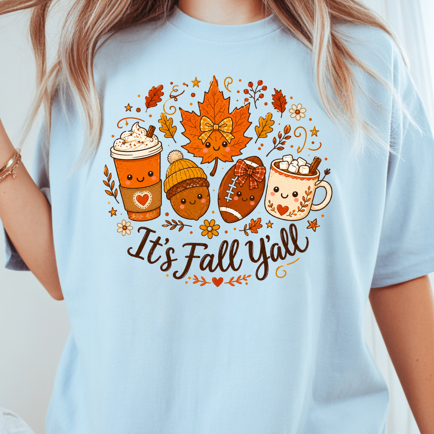 It's Fall Y'all Autumn T-Shirt, Coffee Acorn Football Cute Fall Season Tee