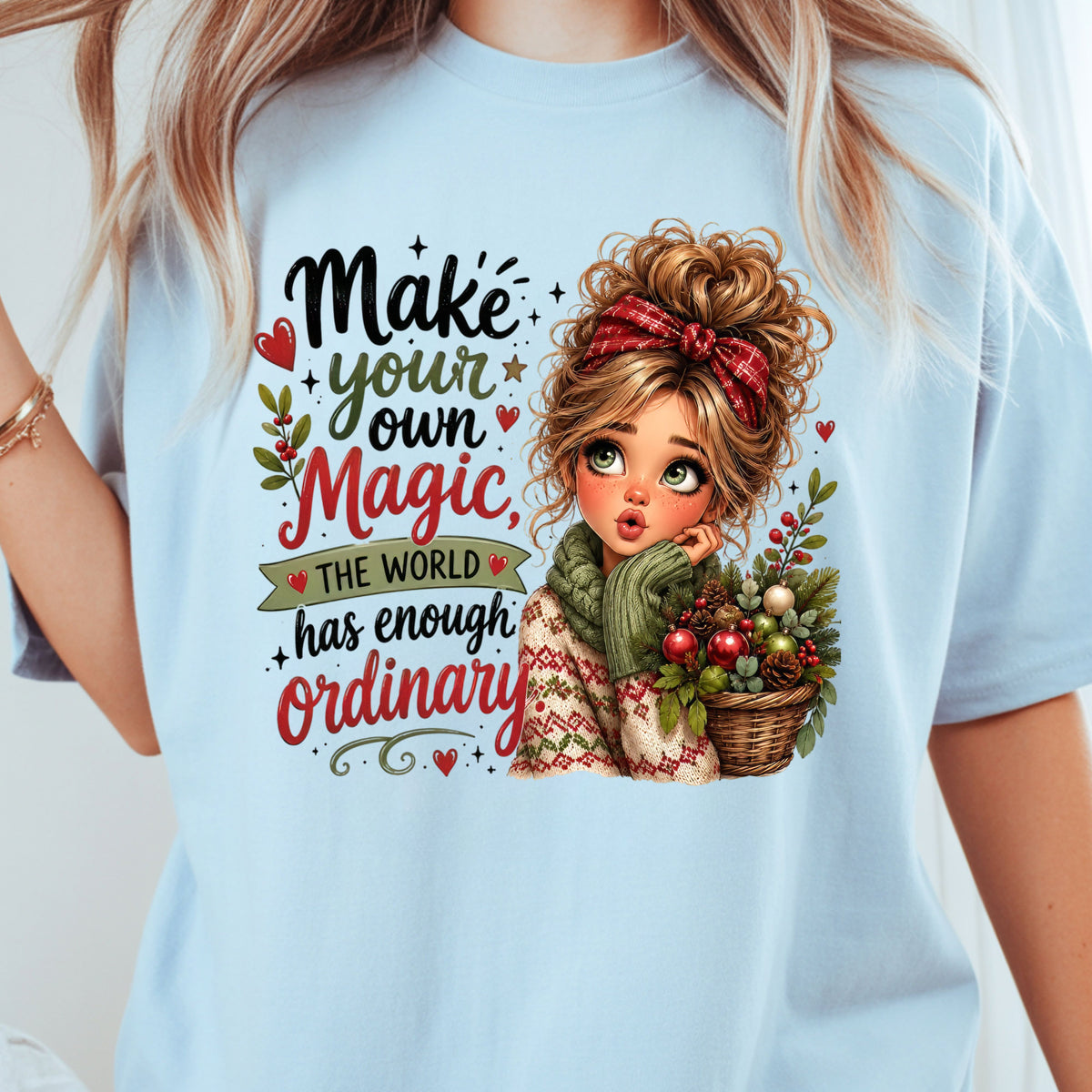 Make Your Own Magic Christmas Messy Bun Girl T-Shirt, Festive Holiday Quote Comfort Color Tee