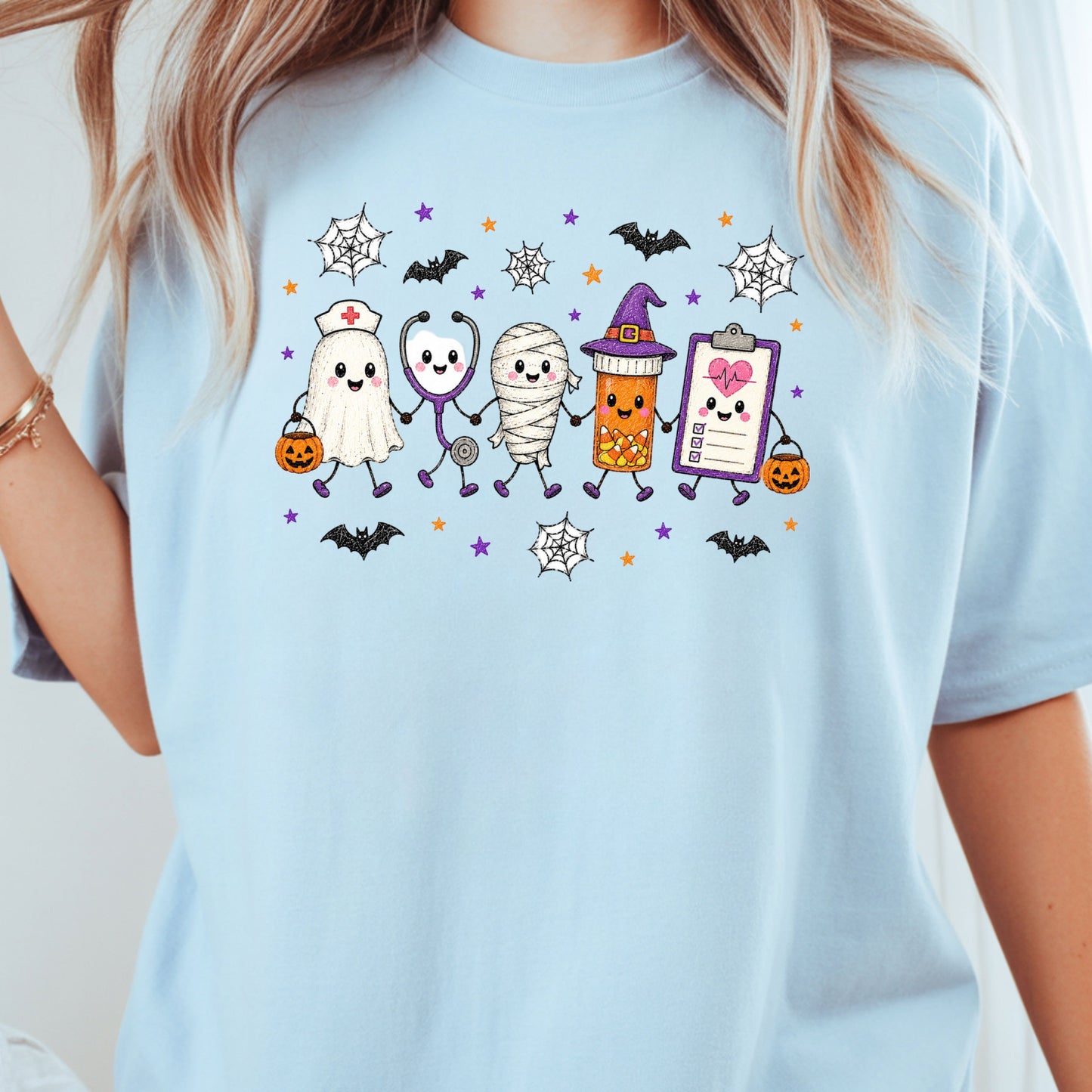 Spooky Nurse Squad Halloween Medical T-Shirt, Ghost Stethoscope Pill Bottle Tee