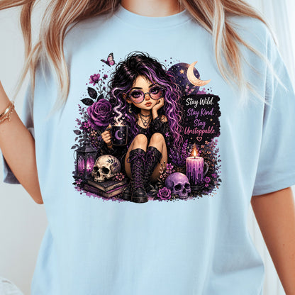 Stay Wild Stay Kind Goth Girl Skull T-Shirt, Purple Crescent Moon Witchy Tee