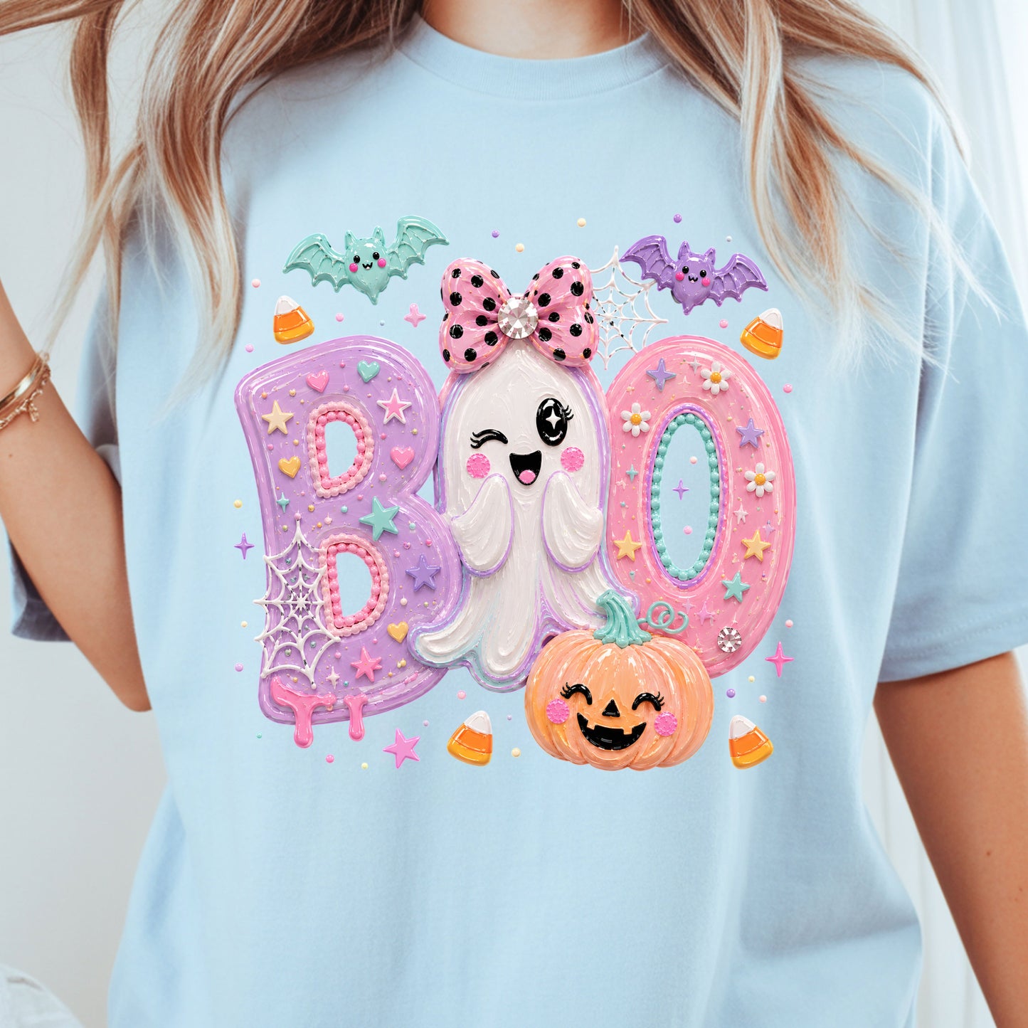 Pastel Cute Ghost Halloween Boo T-Shirt, Pink Purple Bow Pumpkin Candy Corn Girls Tee