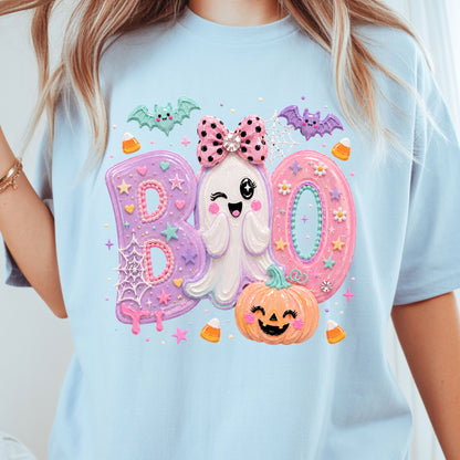 Pastel Cute Ghost Halloween Boo T-Shirt, Pink Purple Bow Pumpkin Candy Corn Girls Tee