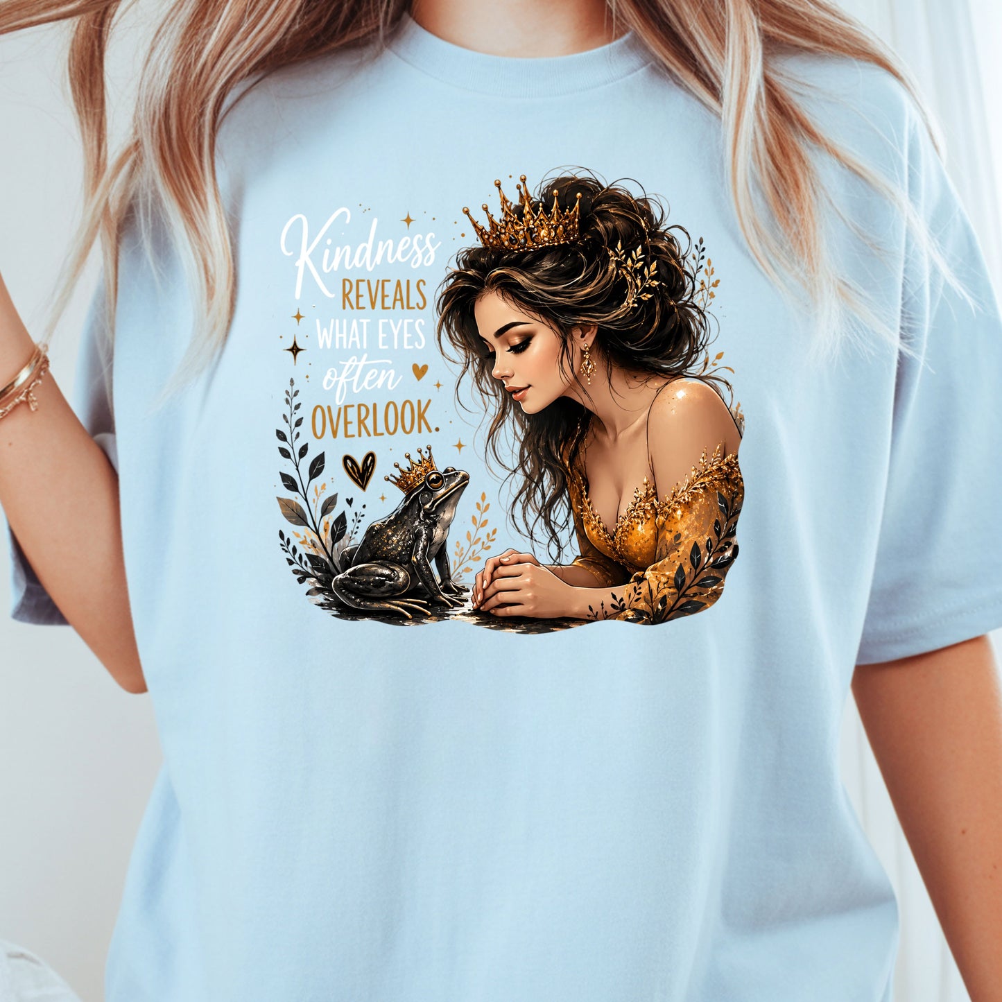 Inspirational Princess Frog Kindness Reveals Crown T-Shirt, Gold Dress Women Quote Tee