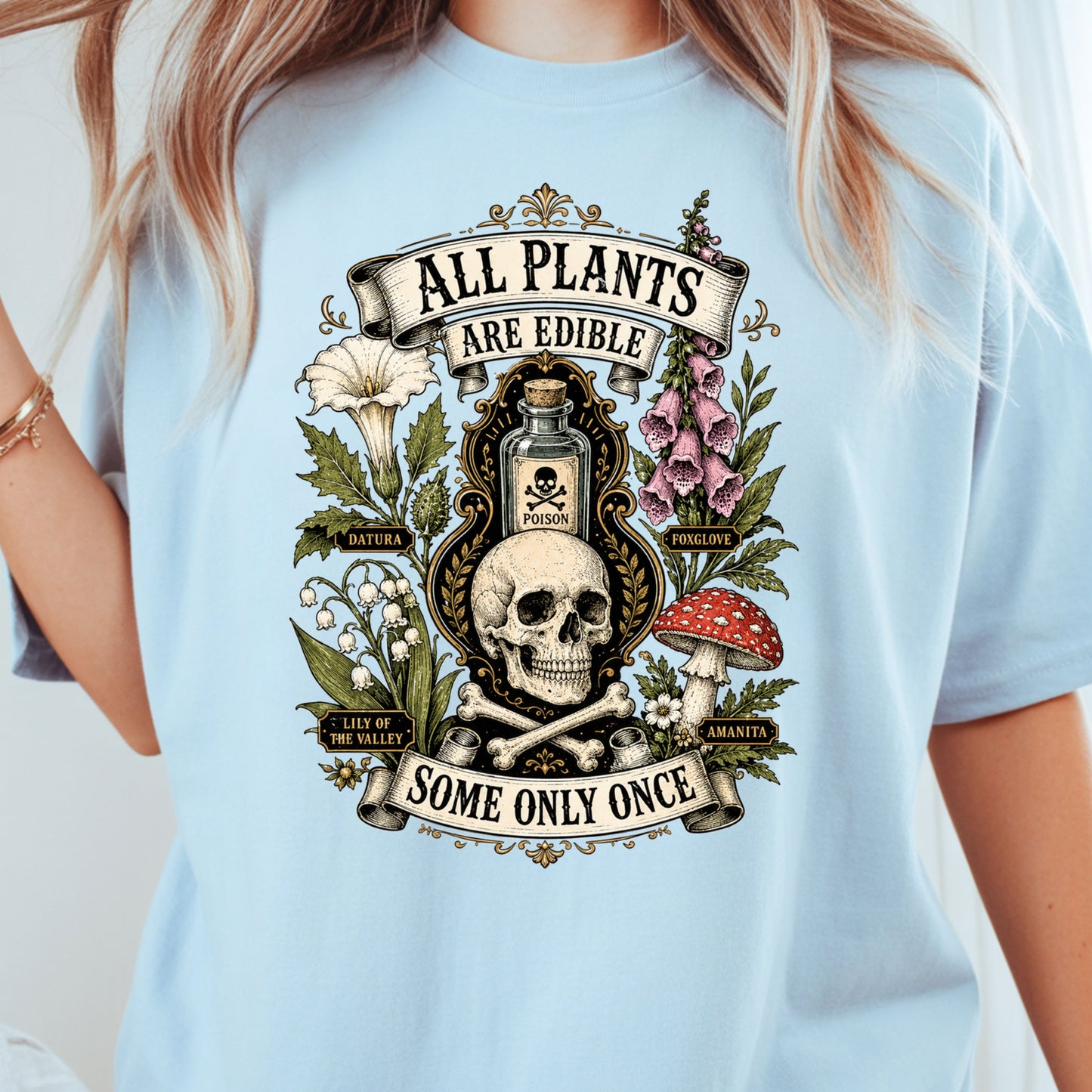 Funny Botanical All Plants Are Edible T-Shirt, Poisonous Mushroom Skull Vintage Tee