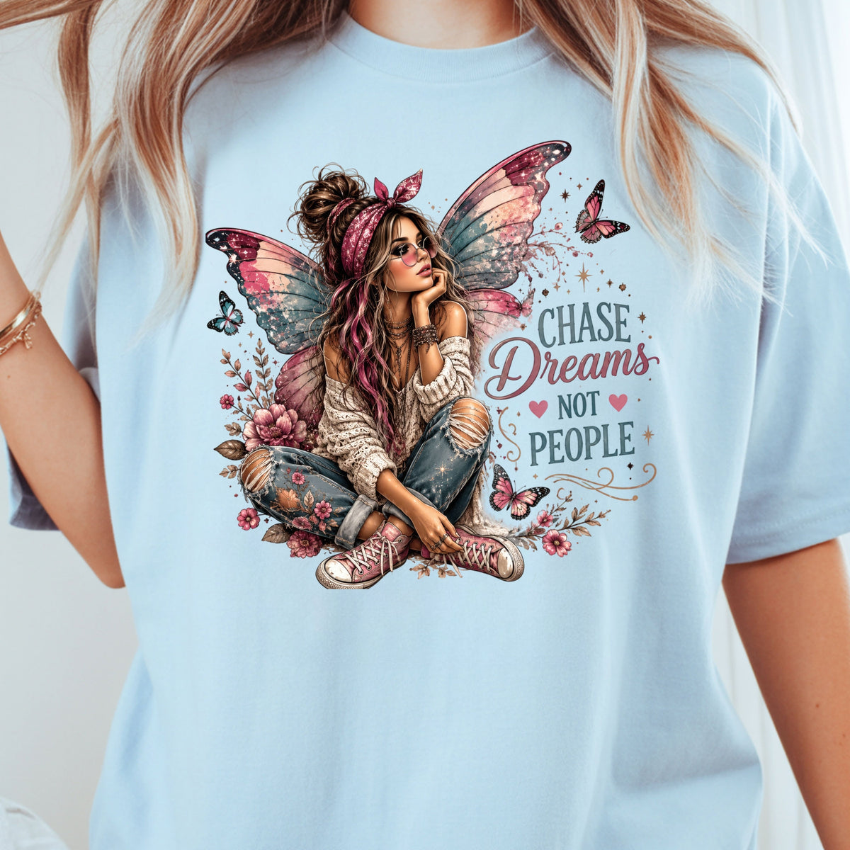 Chase Dreams Not People Fairy Girl T-Shirt, Boho Butterfly Wings Inspirational Tee