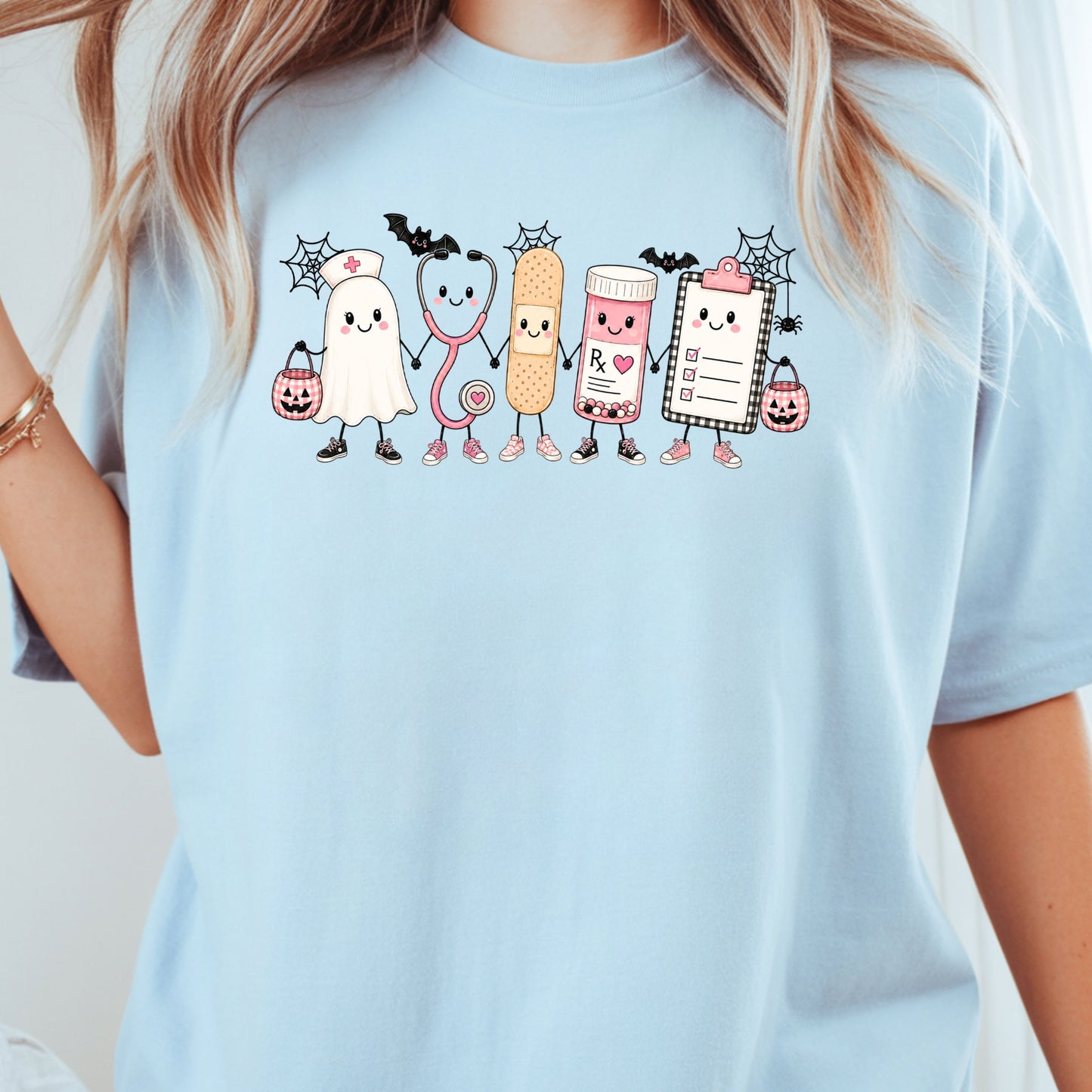 Pink Spooky Nurse Squad Halloween T-Shirt, Ghost Stethoscope Medical Bandage Tee