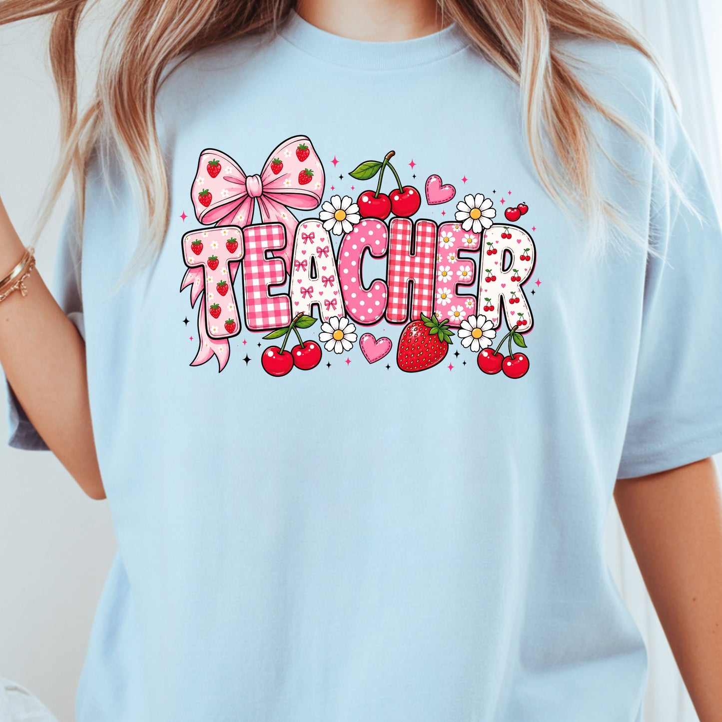 Teacher Coquette Pink T-Shirt, Strawberries Cherries Bow School Educator Tee