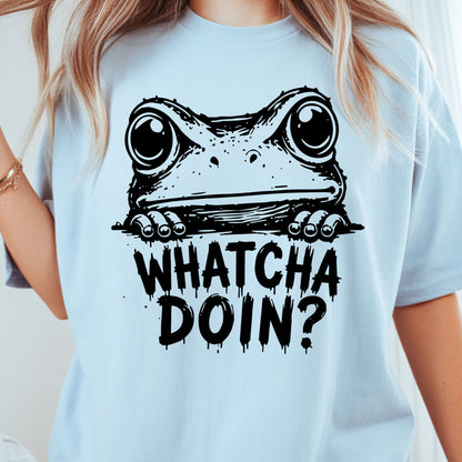 Whatcha Doin Frog Funny Peeking T-Shirt, Black White Cute Frog Tee