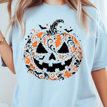 Halloween Pumpkin Face Floral Swirl Gothic T-Shirt, Intricate Spooky Pumpkin Tee