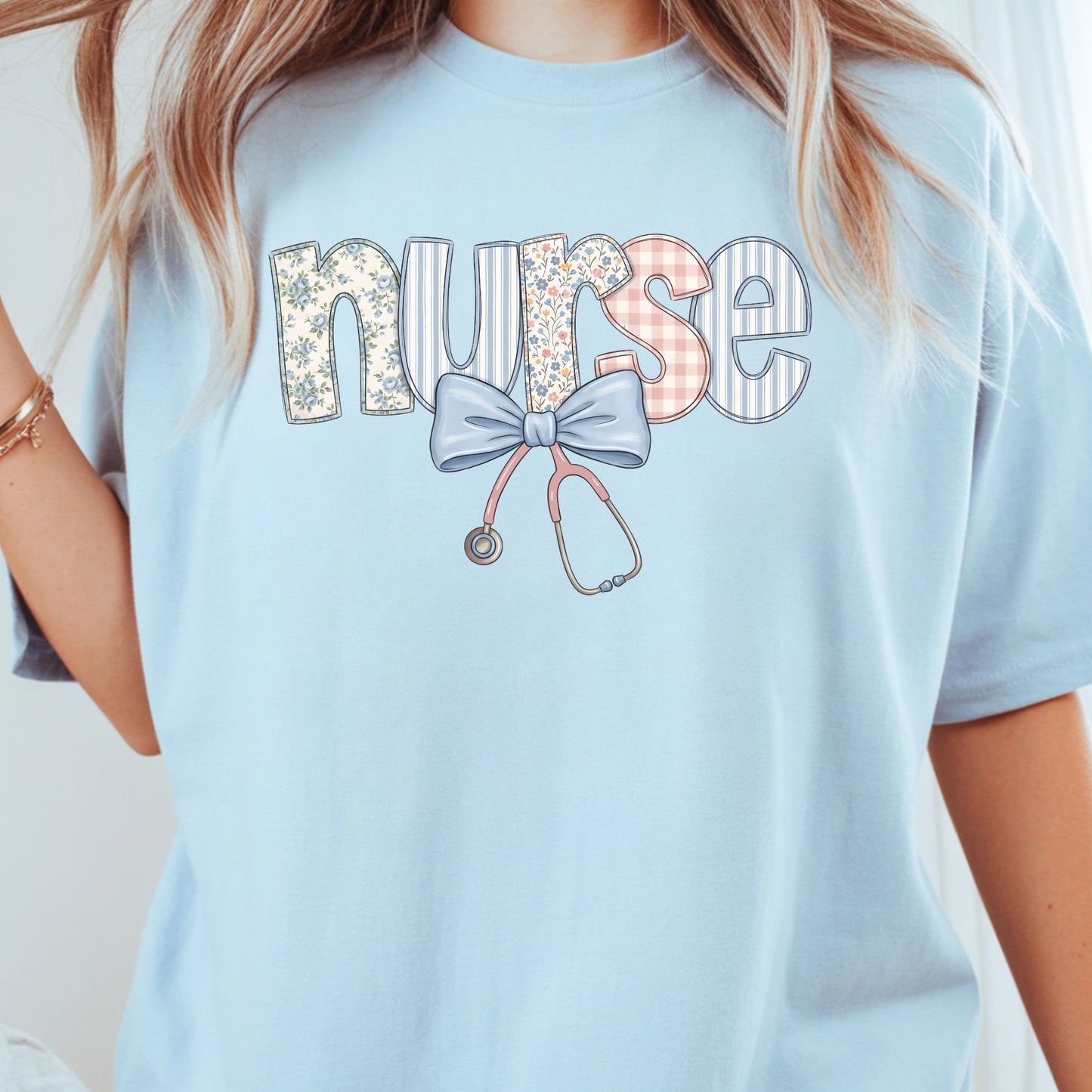 Nurse Coquette Floral Bow T-Shirt, Stethoscope Vintage Patchwork Nurse Tee