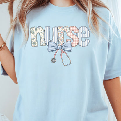 Nurse Coquette Floral Bow T-Shirt, Stethoscope Vintage Patchwork Nurse Tee