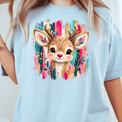 Cute Christmas Reindeer Floral Antlers T-Shirt, Pink Teal Gold Holiday Tee