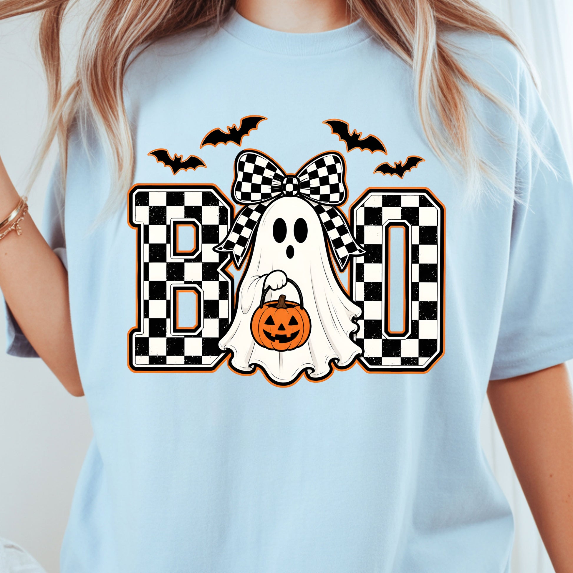 Boo Checkered Bow Ghost Halloween T-Shirt, Pumpkin Bucket Bats Retro Tee Sweatshirt