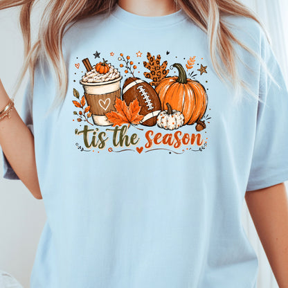 Tis the Season Football Fall T-Shirt, Pumpkin Spice Coffee Thanksgiving Tee