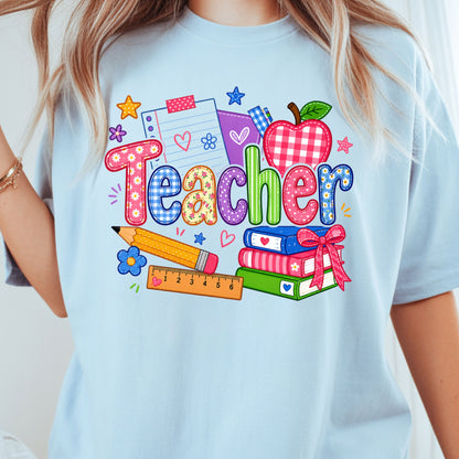 Teacher Apple Books Pencil T-Shirt, Colorful School Supplies Back to School Comfort Color Tee