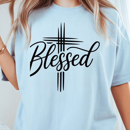 Blessed Cross Christian T-Shirt, Script Cursive Faith Minimalist Religious Tee Sweatshirt