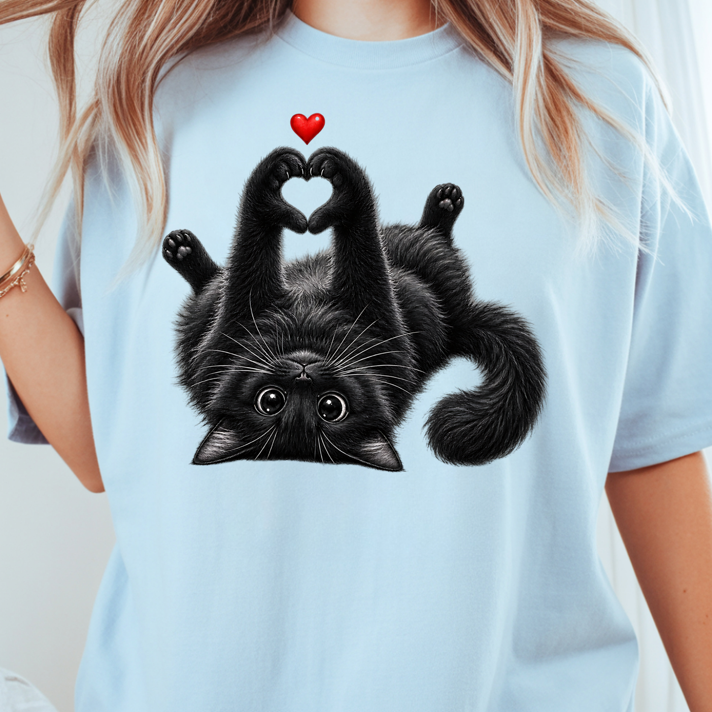 Black Cat Heart Hands T-Shirt, Cute Kitty Kitten Lover Heart Paws Love Tee