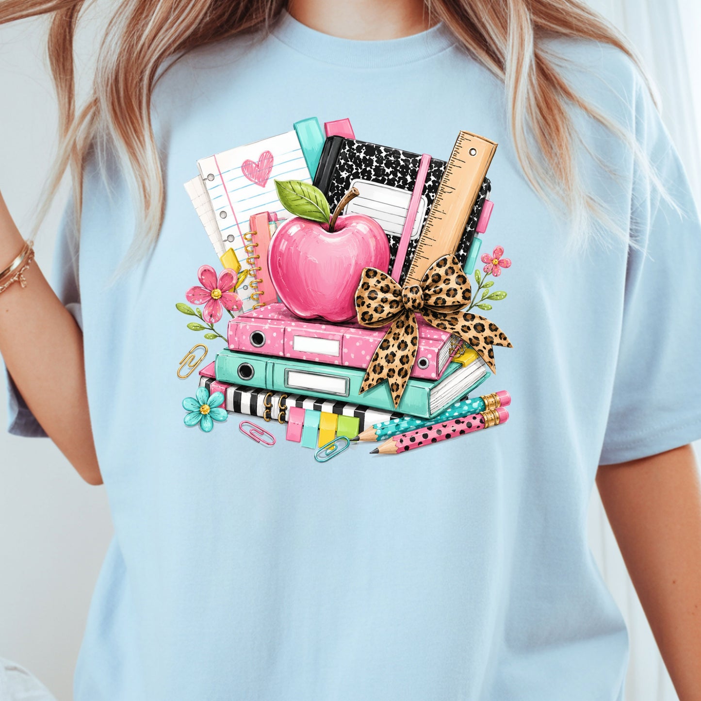 Pink Apple School Supplies T-Shirt, Books Leopard Bow Back to School Teacher Tee