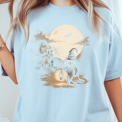 Vintage Halloween Mouse Witch T-Shirt, Full Moon Pumpkin House Sepia Trick or Treat Spooky Fall Tee