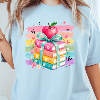 Coquette Stacked Books Teacher T-Shirt, Apple Ribbon Colorful Brushstrokes Comfort Color Tee
