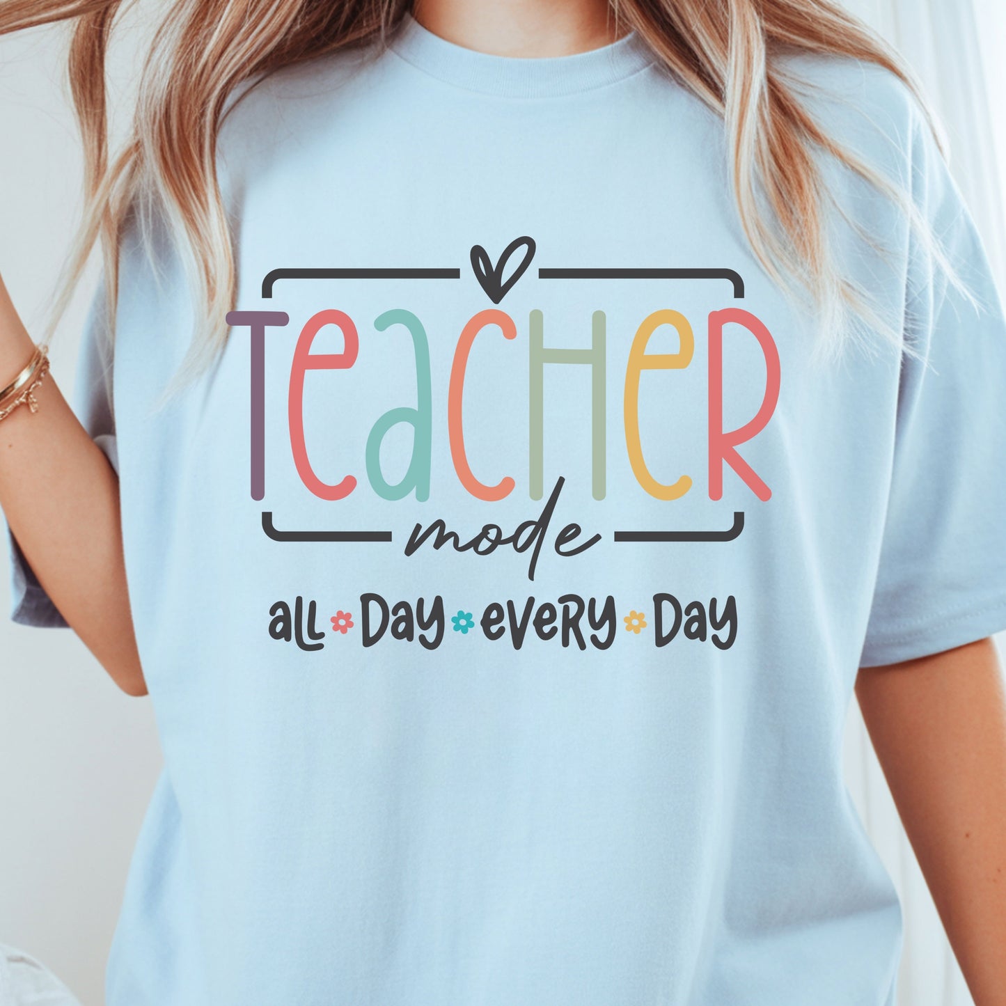Teacher Mode All Day T-Shirt, Pastel Rainbow School Education Teacher Tee Sweatshirt