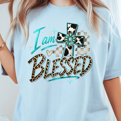 I Am Blessed Western Cross Cow Print T-Shirt, Turquoise Leopard Faith Tee