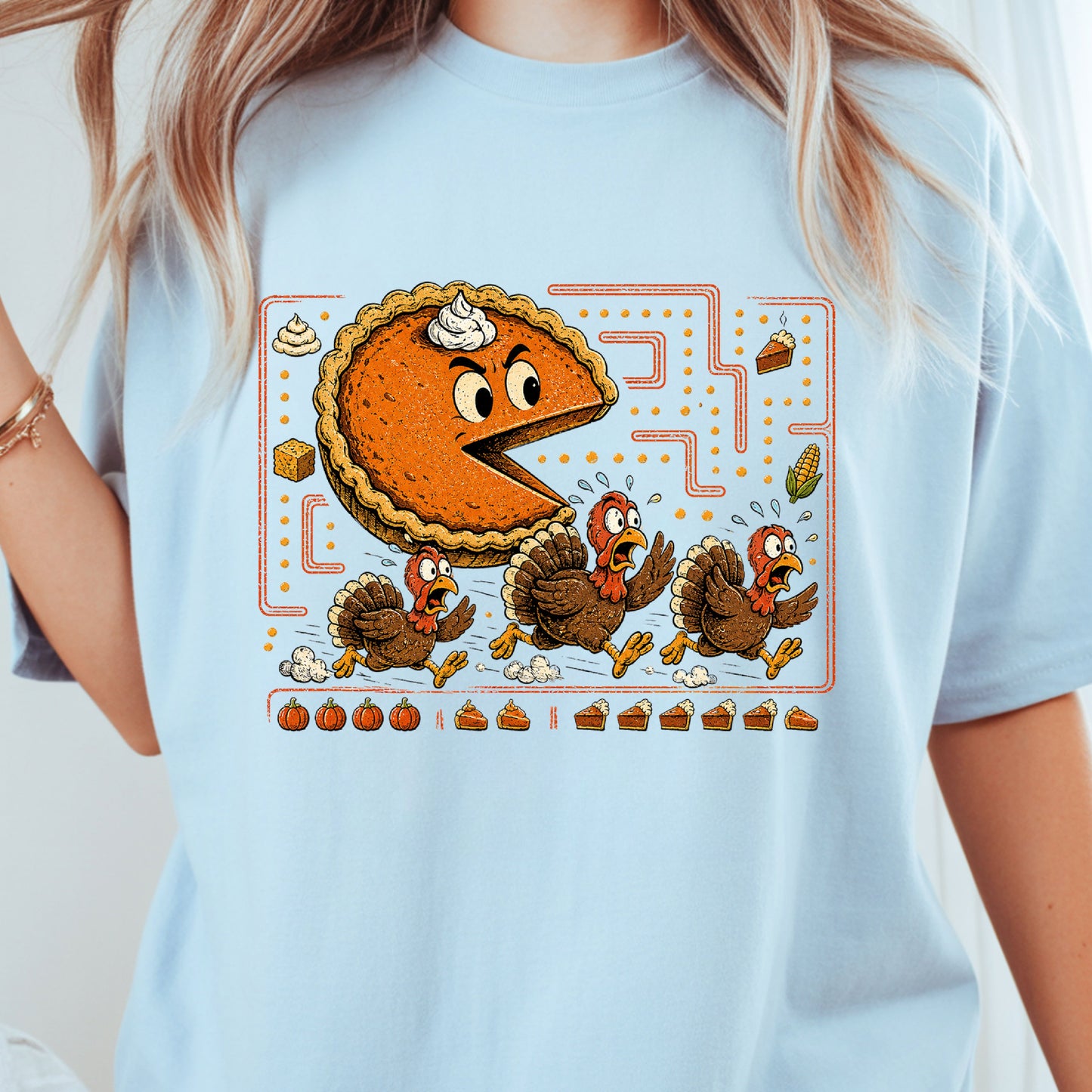 Funny Thanksgiving Pacman Pumpkin Pie T-Shirt, Chasing Turkeys Maze Video Game Tee