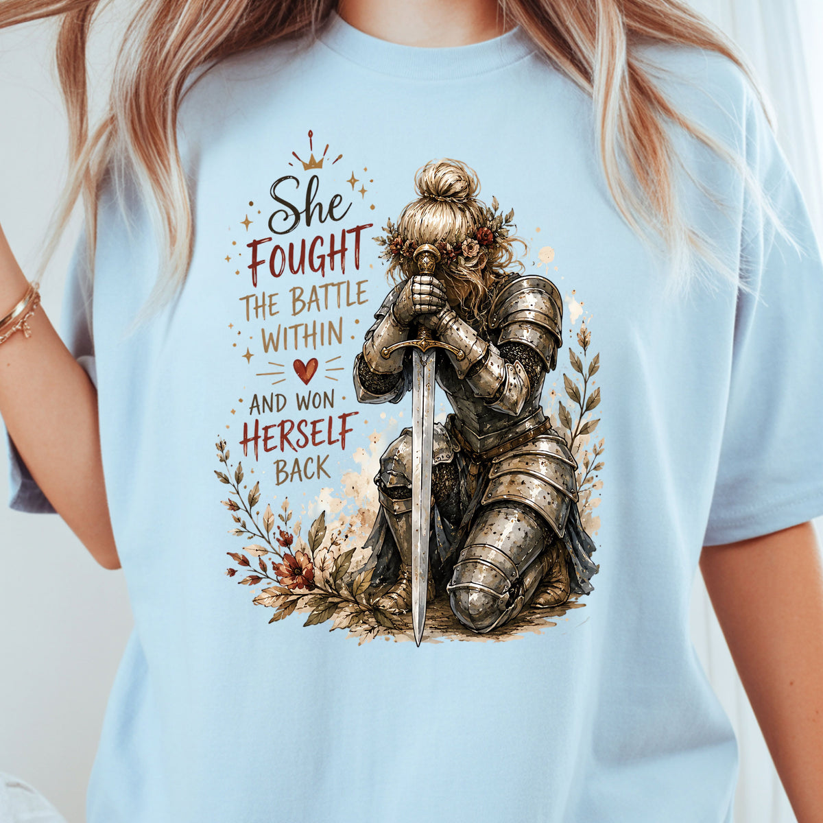 Inspirational Knight Girl She Fought the Battle Within T-Shirt, Female Warrior Sword Armor Tee