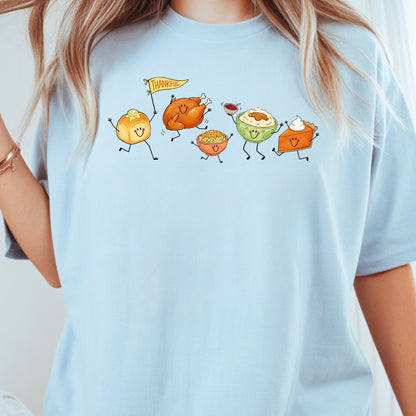Thanksgiving Dancing Turkey T-Shirt, Food Parade Pumpkin Pie Funny Fall Tee