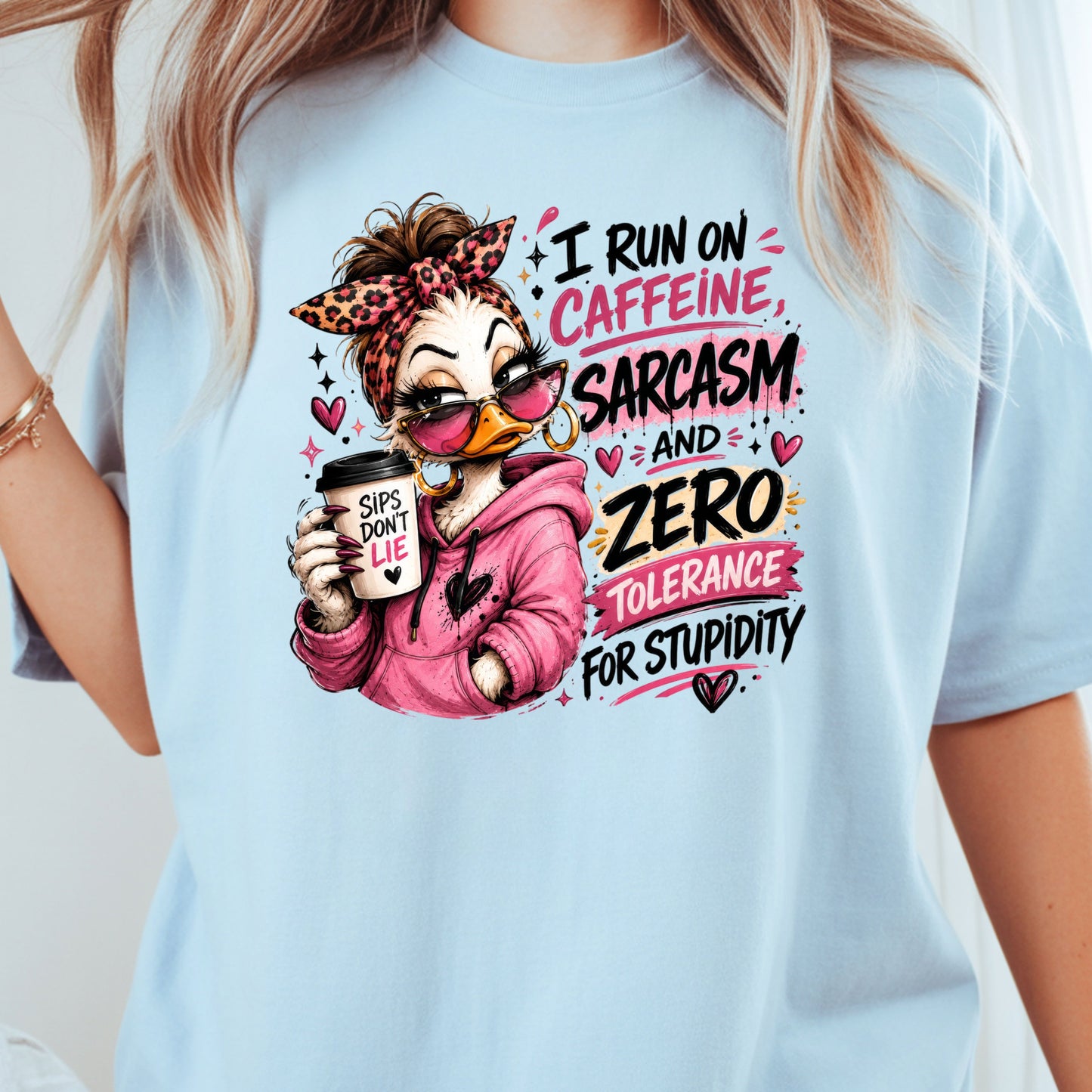 Funny Duck Caffeine T-Shirt, I Run on Caffeine Coffee Messy Bun Leopard Bow Women Tee