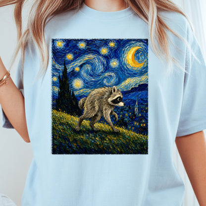 Starry Night Raccoon T-Shirt, Van Gogh Style Oil Painting Funny Wildlife Art Tee