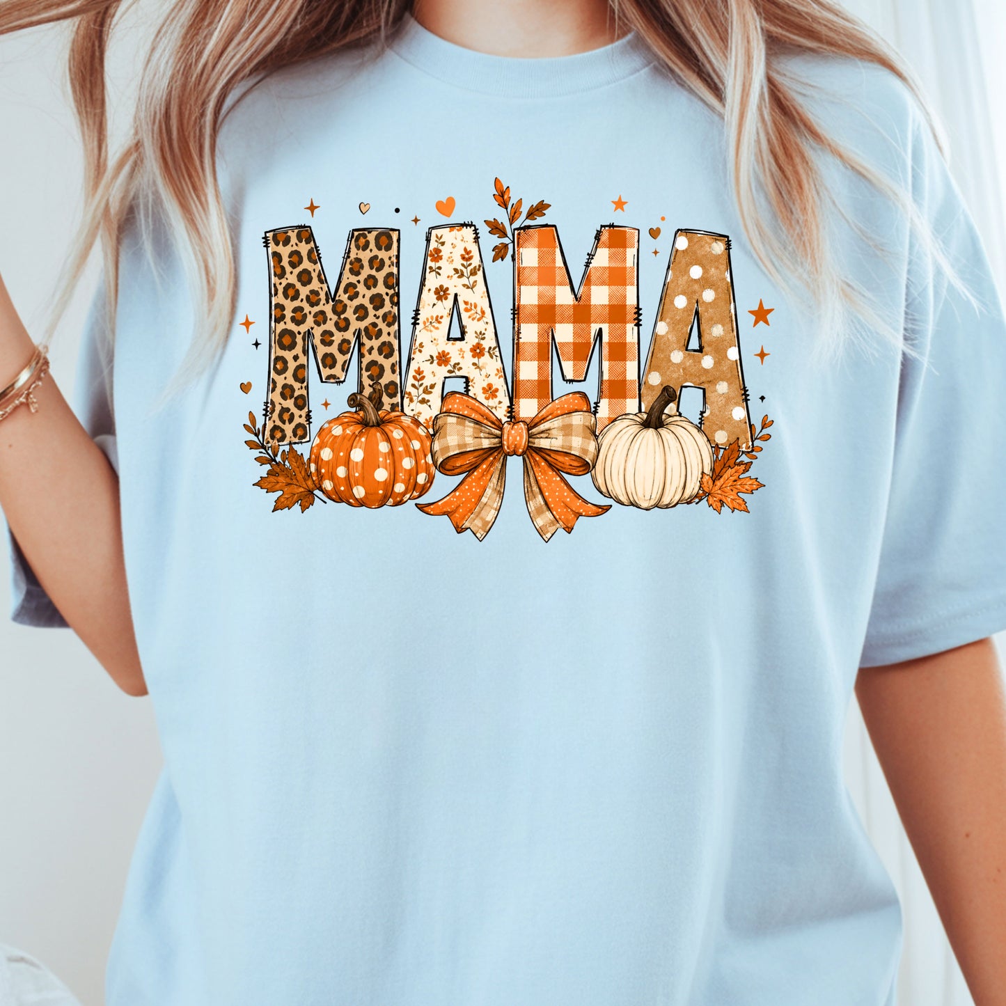 Fall Mama Pumpkin Leopard Plaid T-Shirt, Varsity Letters Autumn Leaves Bow Thanksgiving Mom Tee