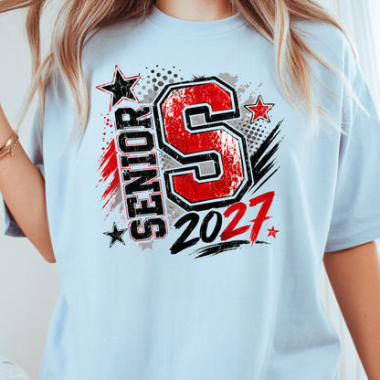 Senior 2027 Class of 2027 T-Shirt, Red Black Distressed Letter Graduation Tee