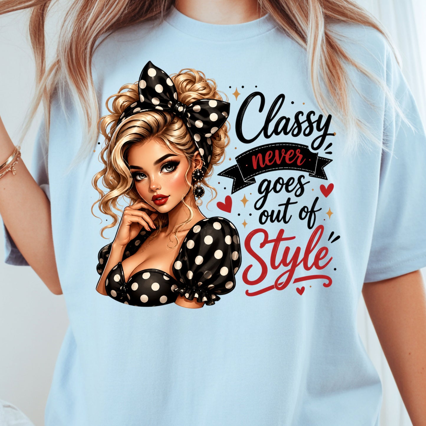 Classy Never Goes Out of Style Pinup Girl T-Shirt, Vintage Polka Dot Bow Tee Sweatshirt